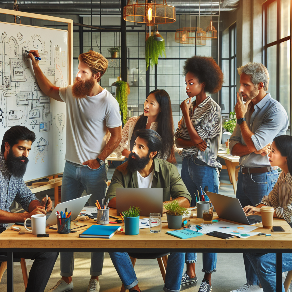A group of diverse people collaborating on a tech project